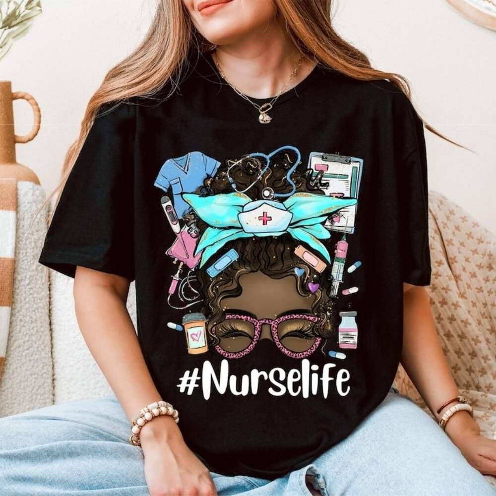 Afro Nurse Life T-Shirt, Black Nurse Pride RN Graphic Tee